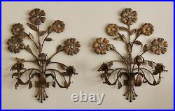 VTG Pair Italian Gold Gilt Tole Metal 3 Arm Floral Candle Wall Sconces 20.5