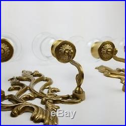 VTG Pair Ornate Brass 2 Arm Wall Sconces Candle Holders 18.5'' Hurricane Glass