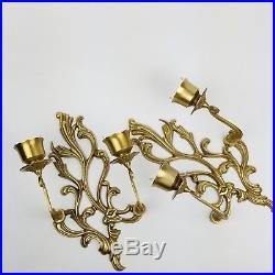 VTG Pair Ornate Brass 2 Arm Wall Sconces Candle Holders 18.5'' Hurricane Glass