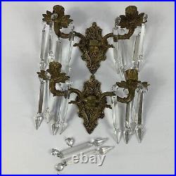 VTG Pair Ornate Brass Wall Hanging Sconce Candle Holders With Hanging Crystals