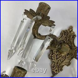 VTG Pair Ornate Brass Wall Hanging Sconce Candle Holders With Hanging Crystals