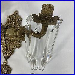 VTG Pair Ornate Brass Wall Hanging Sconce Candle Holders With Hanging Crystals