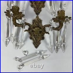 VTG Pair Ornate Brass Wall Hanging Sconce Candle Holders With Hanging Crystals