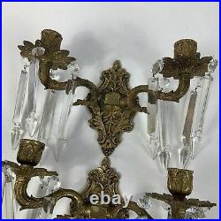 VTG Pair Ornate Brass Wall Hanging Scone Candle Holders With Hanging Crystals