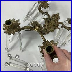 VTG Pair Ornate Brass Wall Hanging Scone Candle Holders With Hanging Crystals