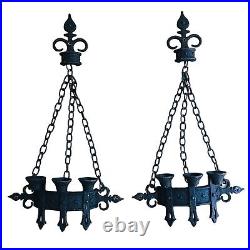 VTG Pair Sexton Cast Iron Brutalist Gothic 3 Candle Heavy Chain Wall Sconces