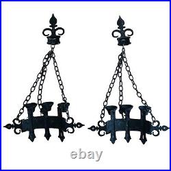 VTG Pair Sexton Cast Iron Brutalist Gothic 3 Candle Heavy Chain Wall Sconces