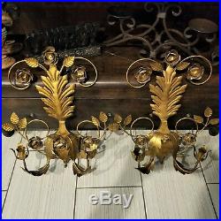 VTG Pair of Z Gallerie Gold Gilt Tole Metal Roses Wall Sconce Candle Holder 22H