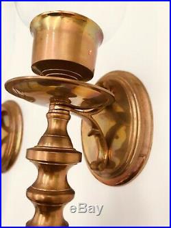 VTG Solid Brass Wall Sconces Candle Holders Glass Chimneys Globes Tall 18 EUC
