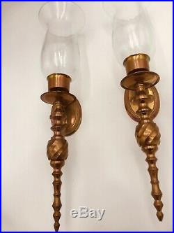 VTG Solid Brass Wall Sconces Candle Holders Glass Chimneys Globes Tall 18 EUC