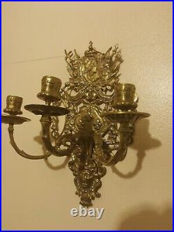 Victorian Brass Wall Sconces Candle Holders Old Antique Pair