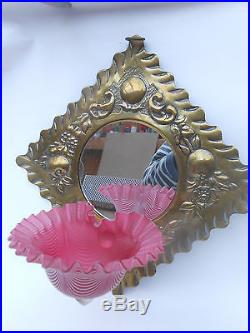 Victorian Mirrored BRASS Wall Mounted PINK NAILSEA Type Candle/FairyLight Holder