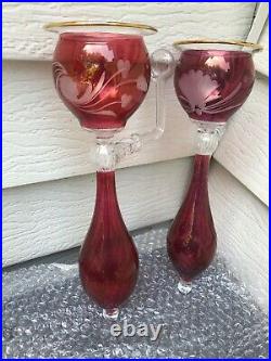 Victorian Ruby Red Pair Candle Holder Wall Sconce Hurricane Gold Rim Etch Glass