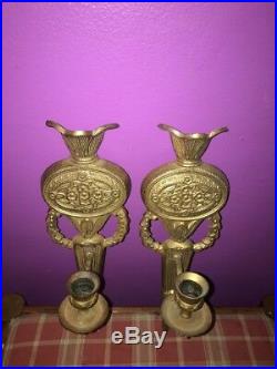 Victorian Style Brass Torch Wall Sconces Pair Candle Holder Flowers Tassel Vtg