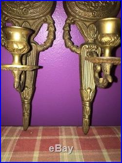Victorian Style Brass Torch Wall Sconces Pair Candle Holder Flowers Tassel Vtg