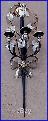 Vintage 1950s Italian Tole Black Silver Sword Leaves Wall Sconce Candle Holder