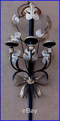 Vintage 1950s Italian Tole Black Silver Sword Leaves Wall Sconce Candle Holder