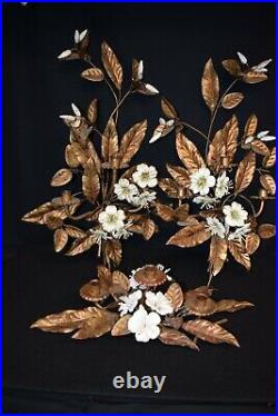 Vintage 1960s Italy Wall candle Sconces Gilt Flowers & center piece