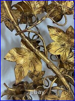 Vintage 21 Italian Toleware Grape Leaf Tri-Candle Holder Wall Sconce Gilt Tole