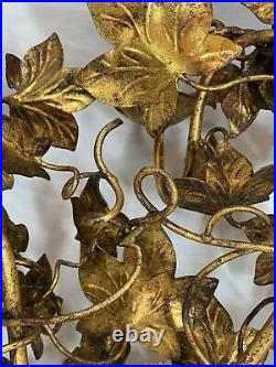 Vintage 21 Italian Toleware Grape Leaf Tri-Candle Holder Wall Sconce Gilt Tole