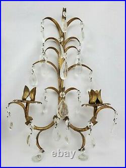 Vintage 2 Italian Tole Wheat Wall Sconce Candle Holders Gilt With Crystals Italy