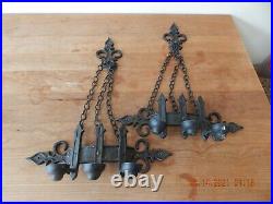 Vintage 3 Candle Holder Black Metal Wall Candelabra Gothic Sconce Chains X2 PAIR