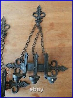 Vintage 3 Candle Holder Black Metal Wall Candelabra Gothic Sconce Chains X2 PAIR