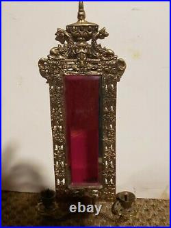 Vintage 60s ornate metal Frame Wall Sconce Beveled Glass Mirror & Candle Holder