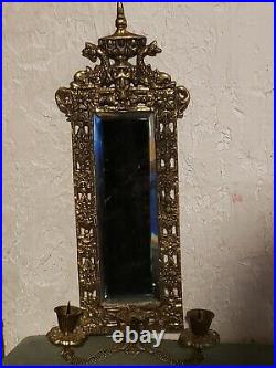 Vintage 60s ornate metal Frame Wall Sconce Beveled Glass Mirror & Candle Holder