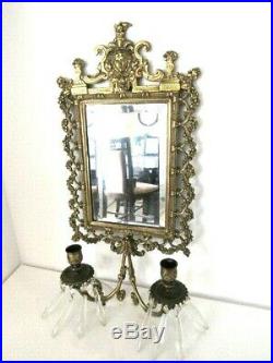 Vintage Antique Brass Double Candle Holder With Mirror Wall Sconce And Prisms