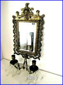 Vintage Antique Brass Double Candle Holder With Mirror Wall Sconce And Prisms