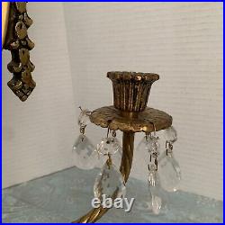 Vintage Antique Brass Oval Mirror Candlestick Holder Crystals Wall Scone