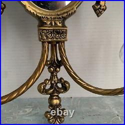 Vintage Antique Brass Oval Mirror Candlestick Holder Crystals Wall Scone