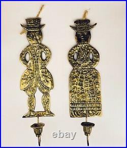 Vintage/Antique Folk Art Couple Brass Wall Sconce Candlestick Holders Set of T