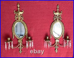 Vintage Antique Pair of Stunning Brass Mirrored Candle Holders With Crystals
