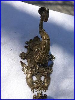 Vintage Antique Solid Bronze Brass Angelic Cherub Wall Sconce Candle Holder