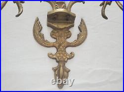 Vintage Art Deco Brass Leaf Design Wall Sconce 2 Arm Candle Holders 20Tall JA