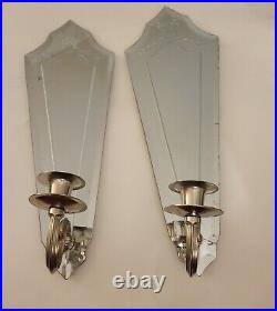 Vintage Art Deco Etched Mirrored Sconce Candleholders