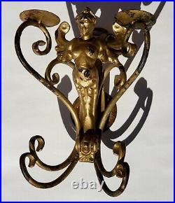 Vintage Art Nouveau Lady Double Candle Holder Wall Hanging Wrought Iron Deco Old