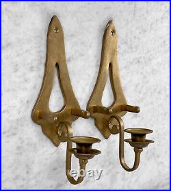Vintage Arts & Crafts Brass Wall Hanging Candlestick Sconces A Pair