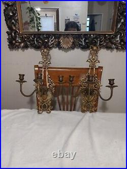 Vintage Beautifully Detailed Ornate Brass 3 Candle Wall Sconce Pair 2