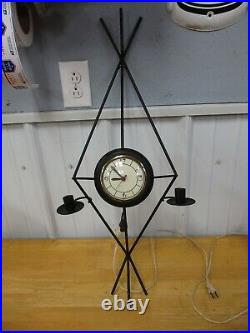 Vintage Black Metal MCM Wall Clock & Candle Holders Electric 29 1/2 Tall