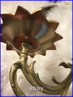 Vintage Brass 25.5 Tall Set of 2 Banana Tree Palm Fronds 2-Arm Sconces Pair