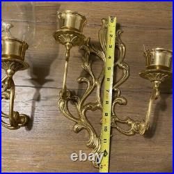 Vintage Brass 2 Arm Wall Sconce Candle Holder Hurricane Glass Wall Decor