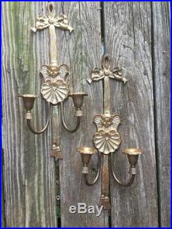 Vintage Brass Angel Cherub Candelabra Wall Sconce Candle Holders SET OF 2 J8