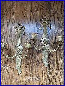 Vintage Brass Bow Rope Tassel Candle Wall Sconce Pair Grandmillennial