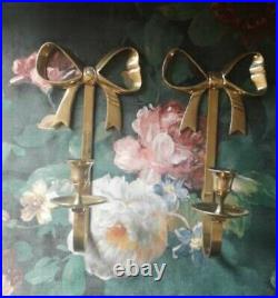 Vintage Brass Bow Wall Sconce X2 Pair Of Gold Candle Holders never used