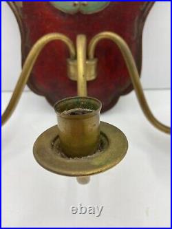 Vintage Brass Candle Wall Sconce 3 Candle Holders Colorful Art
