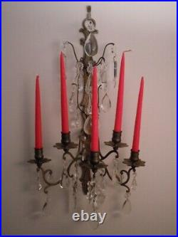 Vintage Brass & Crystal Prisms French Style Candle Holder Wall Sconce Pretty