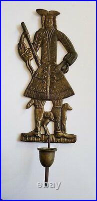 Vintage Brass Folk Art Wall Hanging Candle Holder Sconce Colonial Man With Dog